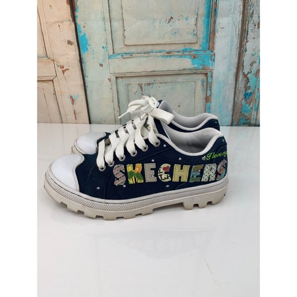 Skechers 8 Navy "I Love My Skechers" Appliqued Walking Canvas Shoes - Picture 4 of 11